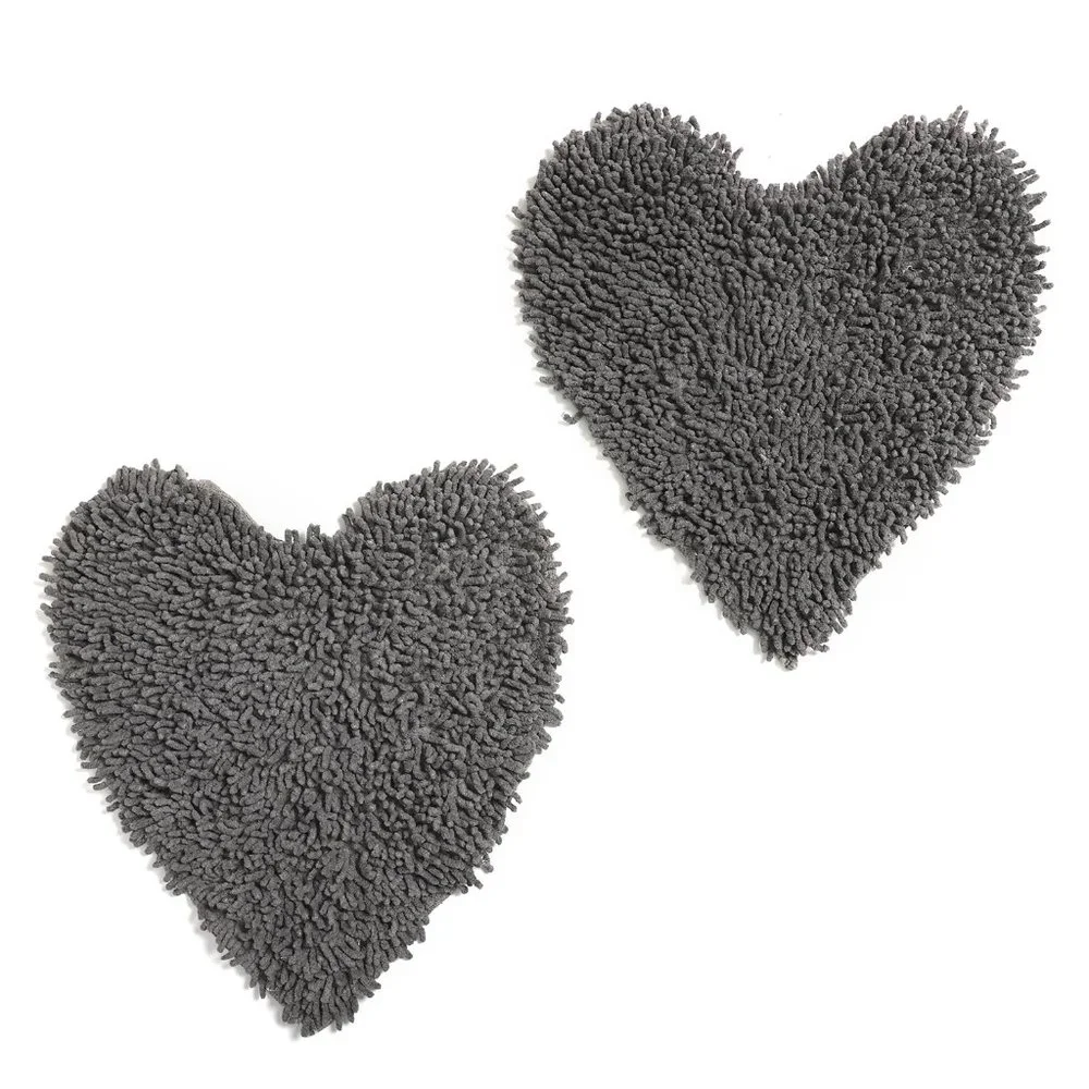 NEW Set of 2 Dark Grey Chenille Shaggy Heart Cotton Bath Mat with Anti Skid Back